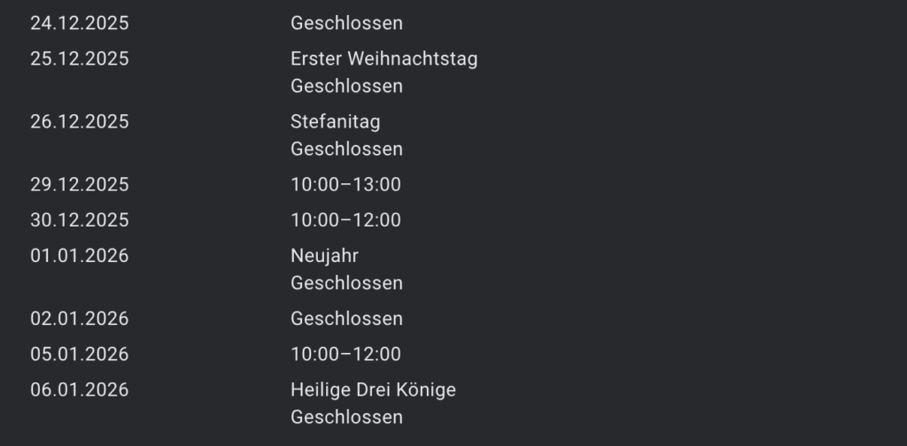 Öffnungszeiten Feiertage